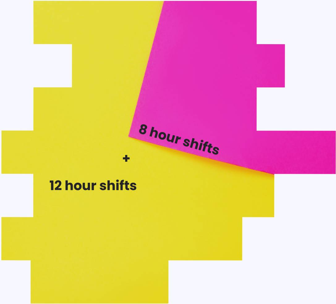 An image of two pieces of paper overlapping to indicate how 12 hour shifts and 8 hours shifts can be combined