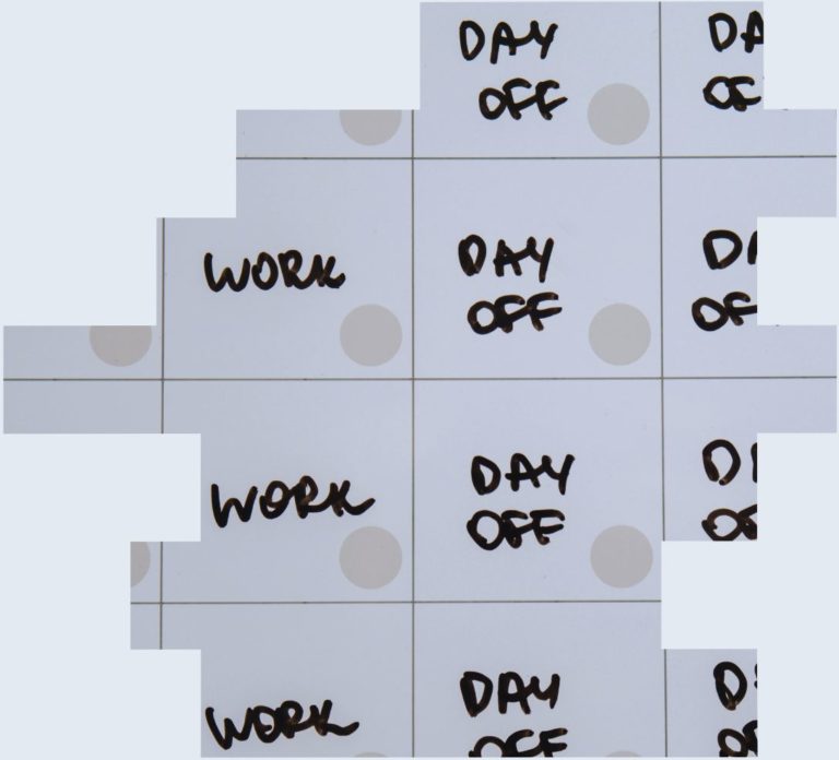 A picture of a calendar with working days and free days highlighted to represent different alternatives to 24 7 shift patterns