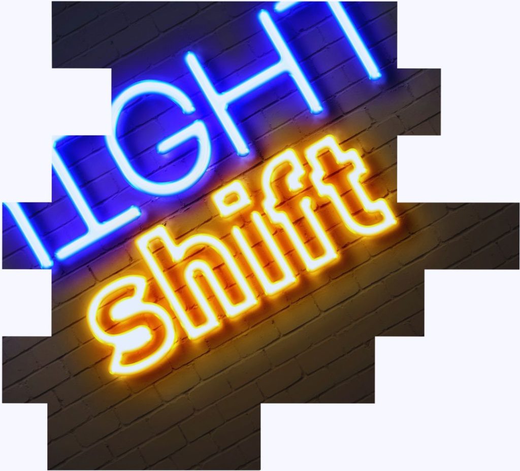 A picture of a neon sign displaying the words night shift to draw attention to the need to follow UK night shift laws