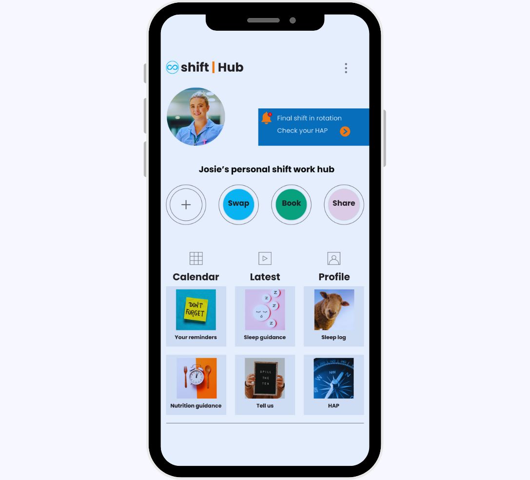 A screenshot of optashift’s shift worker comms and engagement tools called shift Plan. The image is of a mobile app for shift workers showing someone’s account